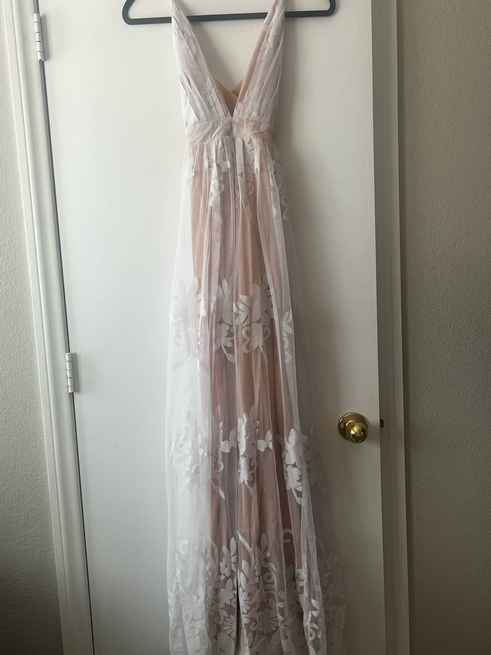 Luxxel Tan and White Sheer Floral Maxi Dress